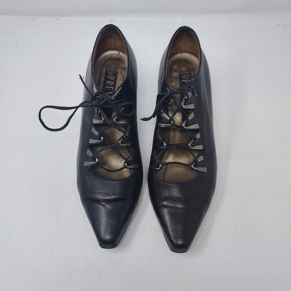 Prevata Black Leather Pointed Toe Kitten Heel Lace Up Shoes Size 7 - Picture 11 of 11